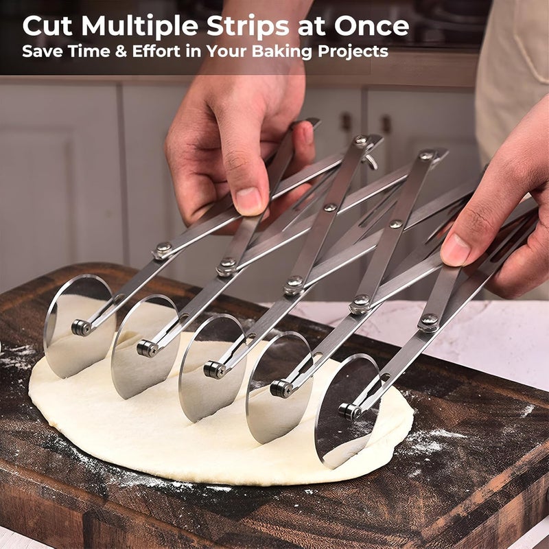 Amroicus 5 Wheel Pastry Cutter, Stainless Steel Pizza Slicer, Expandable Dough Cutter, Multi-Round Pastry Knife, Baking Cutter Roller Cookie Ravioli Cutter Wheel Divider - Image 2